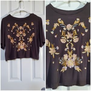 Heart Soul Floral Embroidery Grey Short sleeve T-shirt blouse